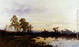 Farmyard Paintings - Sunset Over A Farmyard by Alfred de Breanski Snr